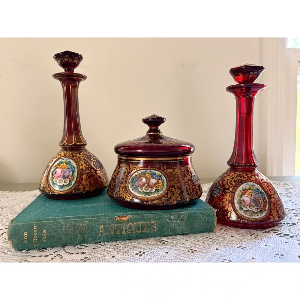Antique Late 1800's Bohemian Ruby Red Glass Vanity Set Gold Gilt Enamel Floral